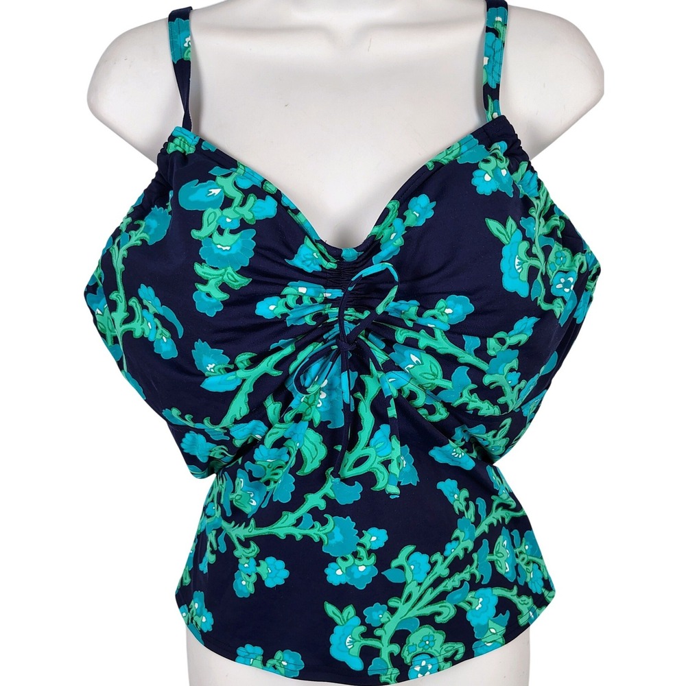 Lands‎ End Womens 18W Tankini Top Blue Green Floral Cinch Front Beachwear